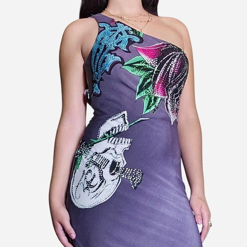 Tiffany Designs One-Shoulder Dress with Vibrant Floral Skull Designs